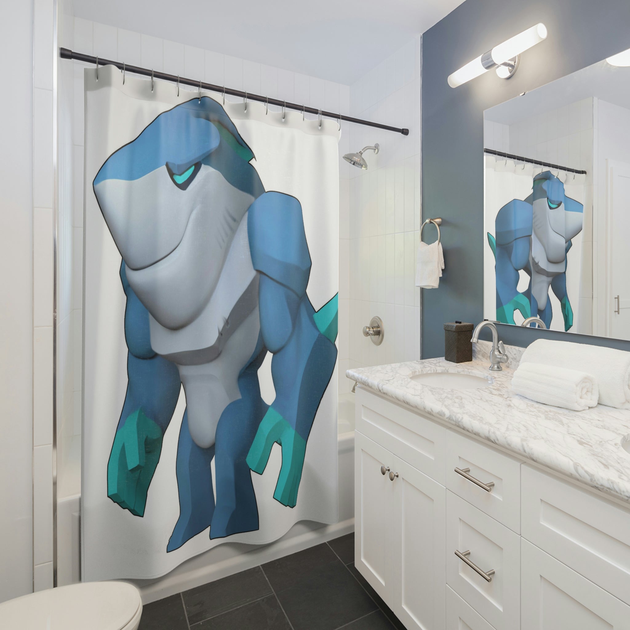 Ice Shark Shower Curtain featuring vibrant designs on durable polyester fabric, perfect for bathroom decor.