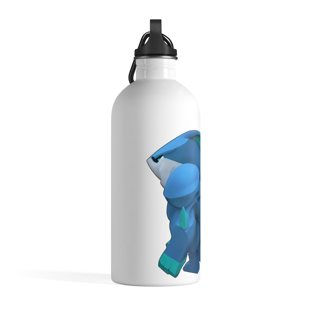 Ice Shark Stainless Steel Water Bottle with a plastic screw top and carabiner, showcasing its sleek design and practical features.