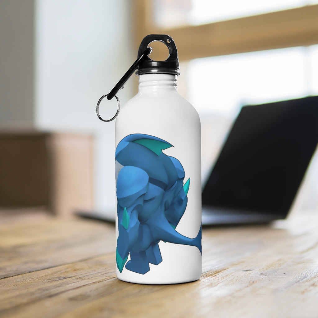 Ice Shark Stainless Steel Water Bottle with a plastic screw top and carabiner, showcasing its sleek design and practical features.