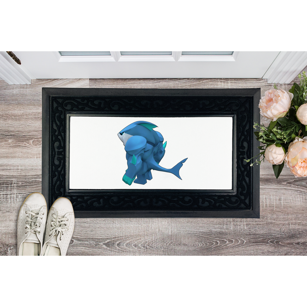 Ice Shark Sublimation Heavy Duty Door Mat with a removable fabric center and non-slip rubber base, featuring a classy brush border.