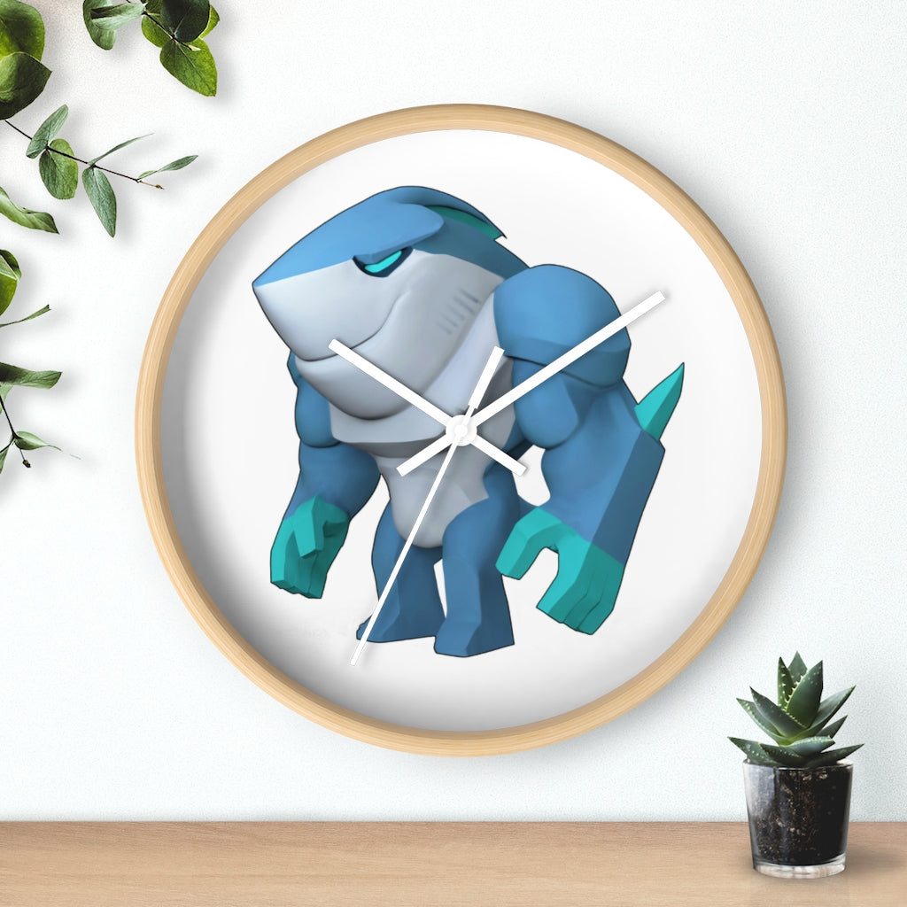 Ice Shark Wall Clock featuring a unique design with a wooden frame and plexiglass face, perfect for indoor use.