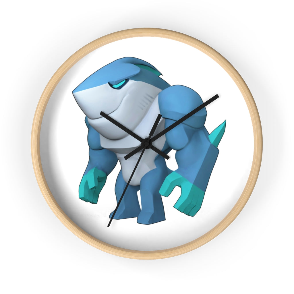 Ice Shark Wall Clock featuring a unique design with a wooden frame and plexiglass face, perfect for indoor use.