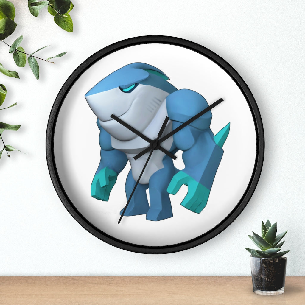 Ice Shark Wall Clock featuring a unique design with a wooden frame and plexiglass face, perfect for indoor use.