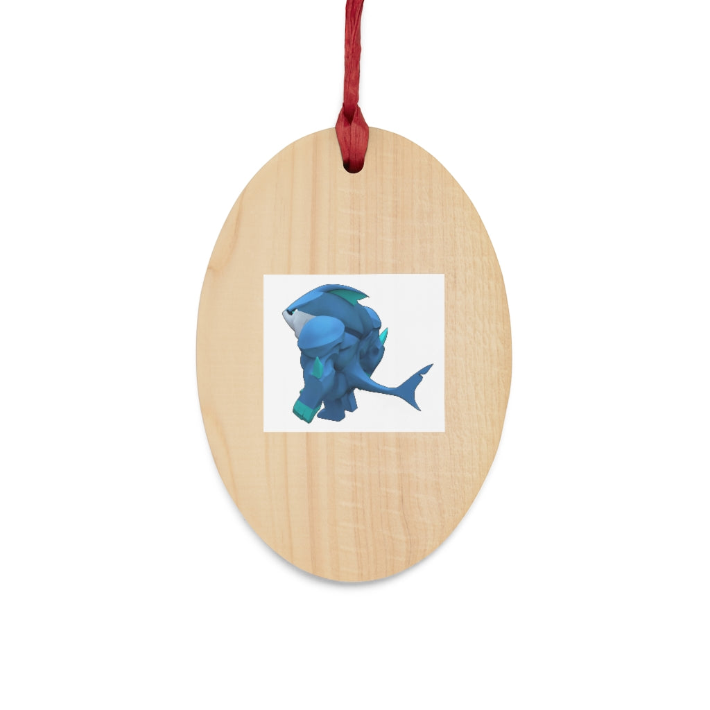 Ice Shark Wooden Christmas Ornaments in various whimsical shapes, featuring a rustic wood finish and red ribbons for hanging.