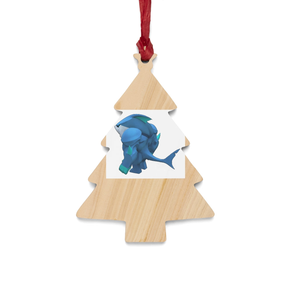 Ice Shark Wooden Christmas Ornaments in various whimsical shapes, featuring a rustic wood finish and red ribbons for hanging.