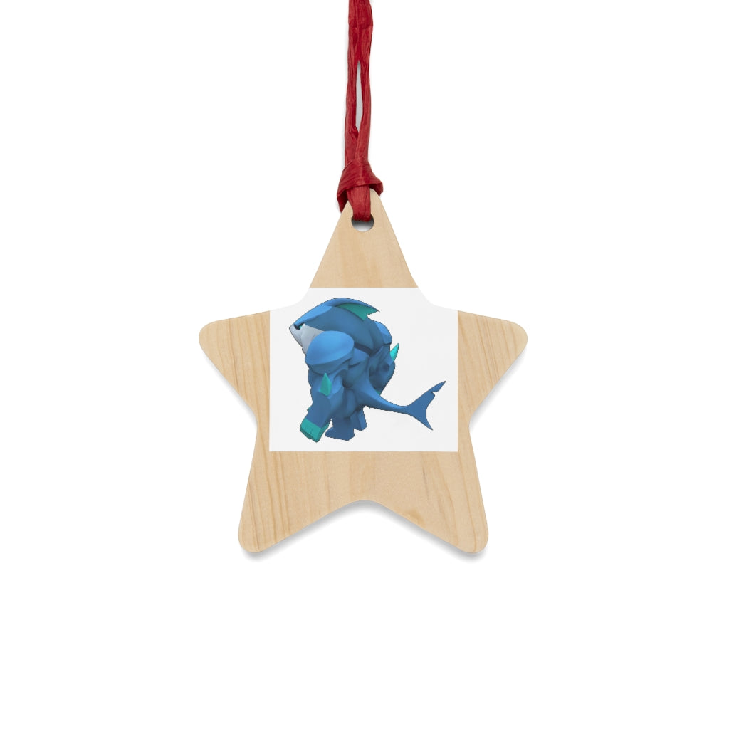 Ice Shark Wooden Christmas Ornaments in various whimsical shapes, featuring a rustic wood finish and red ribbons for hanging.