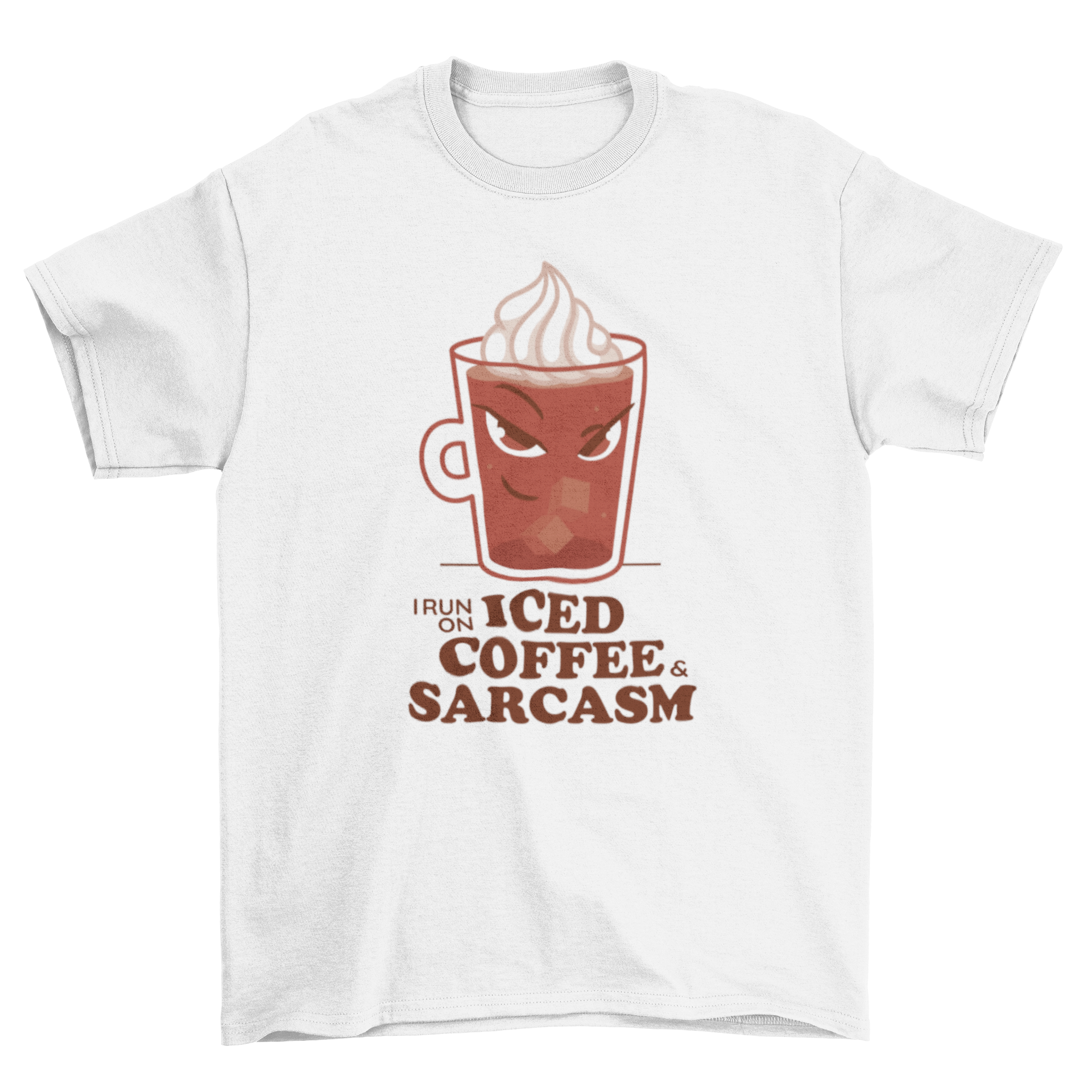 A stylish t-shirt featuring an iced coffee graphic and the quote 'I run on iced coffee & sarcasm'.