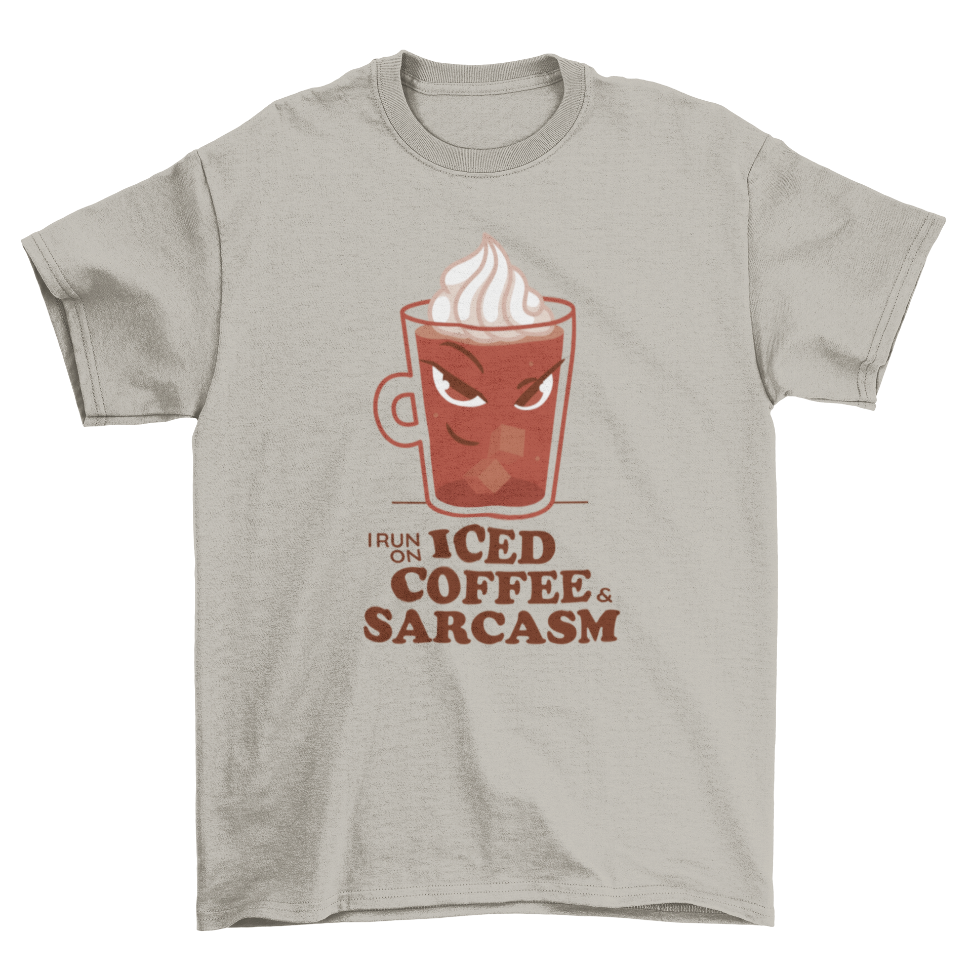 A stylish t-shirt featuring an iced coffee graphic and the quote 'I run on iced coffee & sarcasm'.