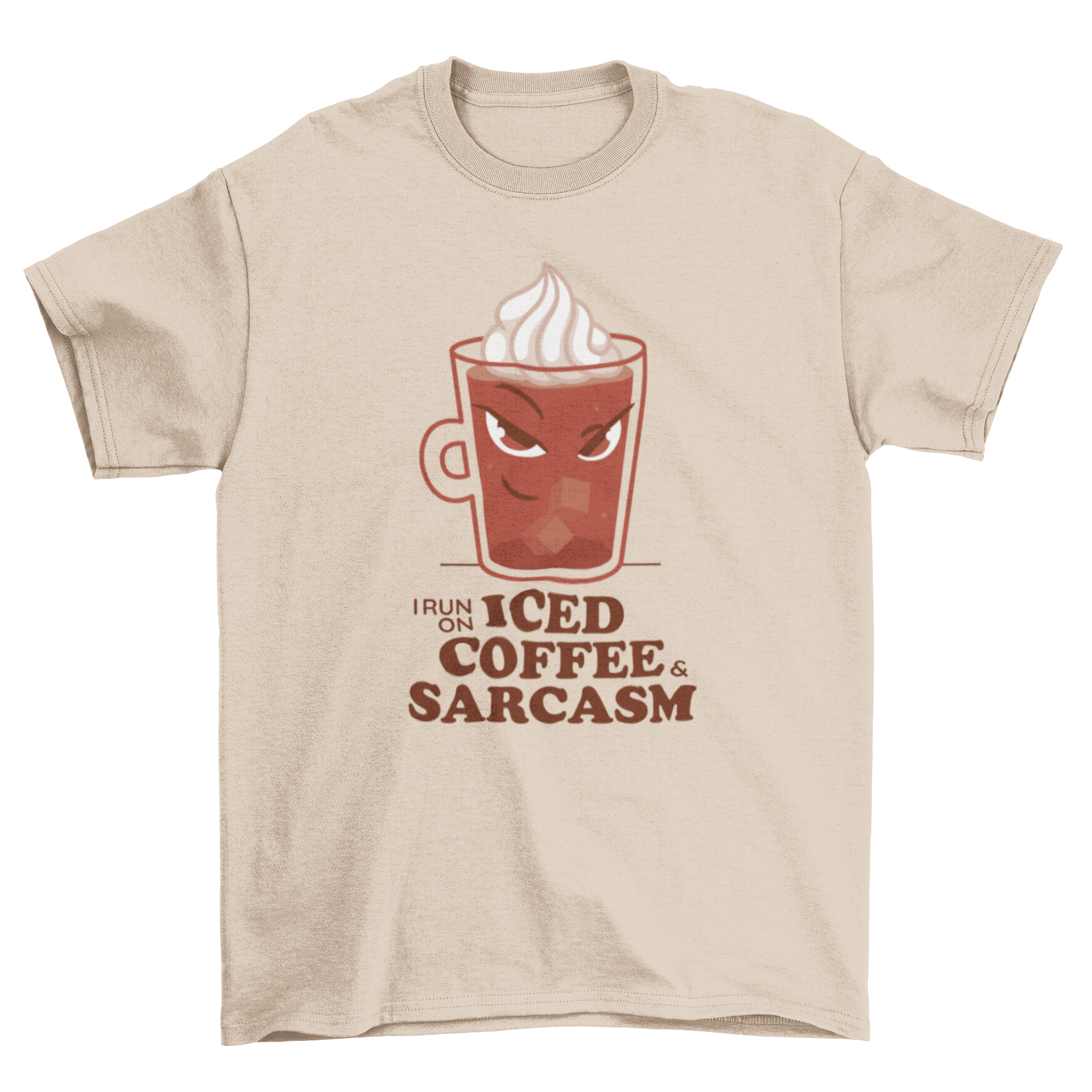 A stylish t-shirt featuring an iced coffee graphic and the quote 'I run on iced coffee & sarcasm'.