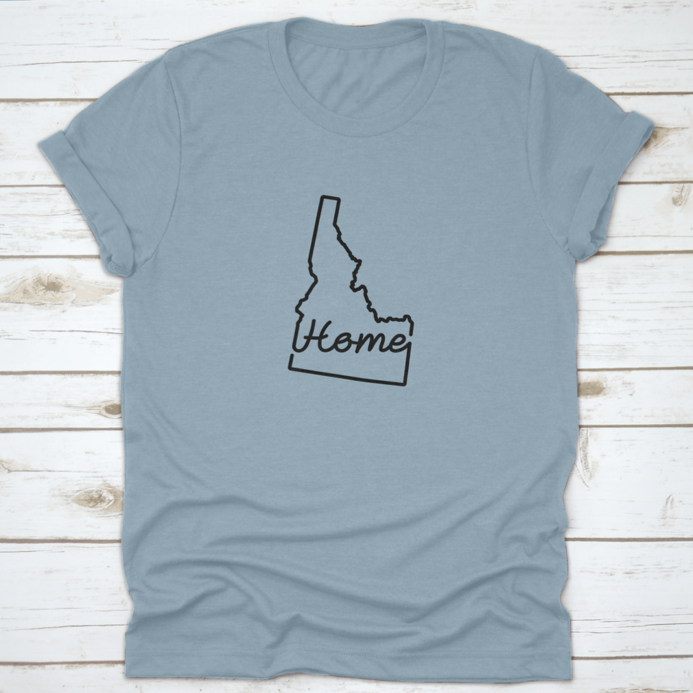 Idaho US State Outline Map shirt featuring a handwritten 'Home' design, showcasing the state's outline in a stylish and comfortable fit.