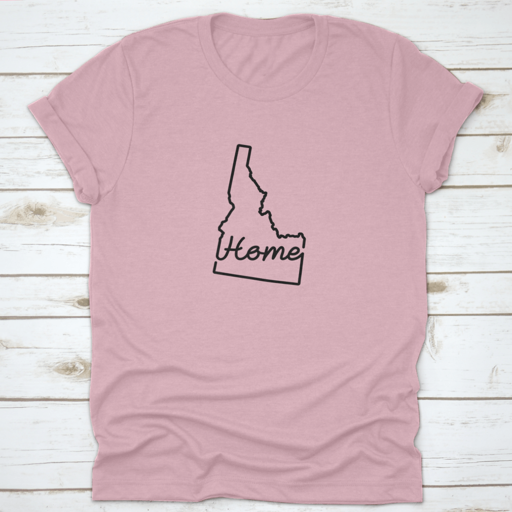 Idaho US State Outline Map shirt featuring a handwritten 'Home' design, showcasing the state's outline in a stylish and comfortable fit.