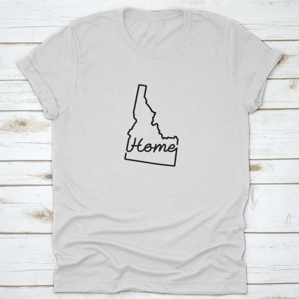 Idaho US State Outline Map shirt featuring a handwritten 'Home' design, showcasing the state's outline in a stylish and comfortable fit.