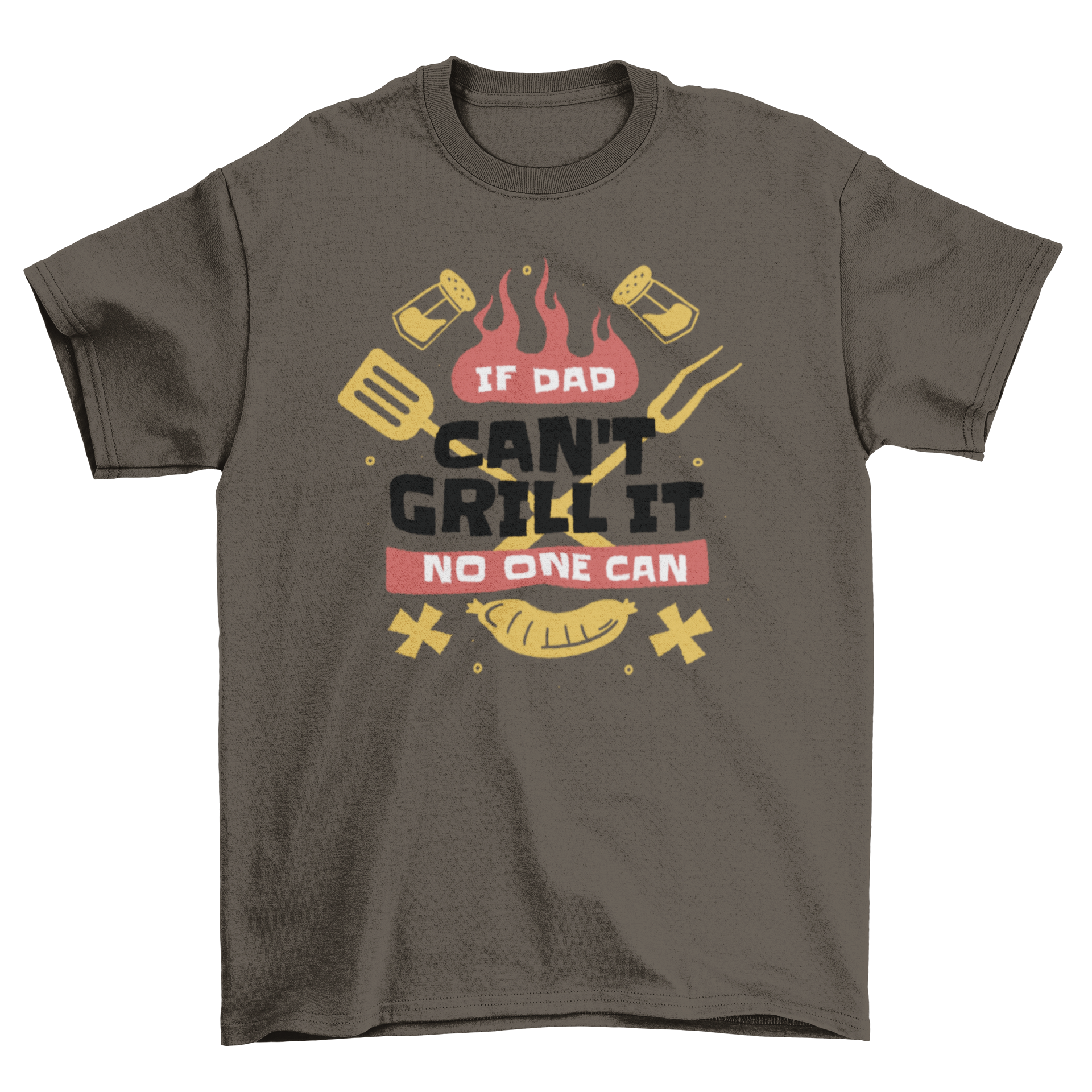 A humorous t-shirt featuring the quote 'If dad can't grill it no one can' alongside grill equipment, perfect for BBQ lovers.