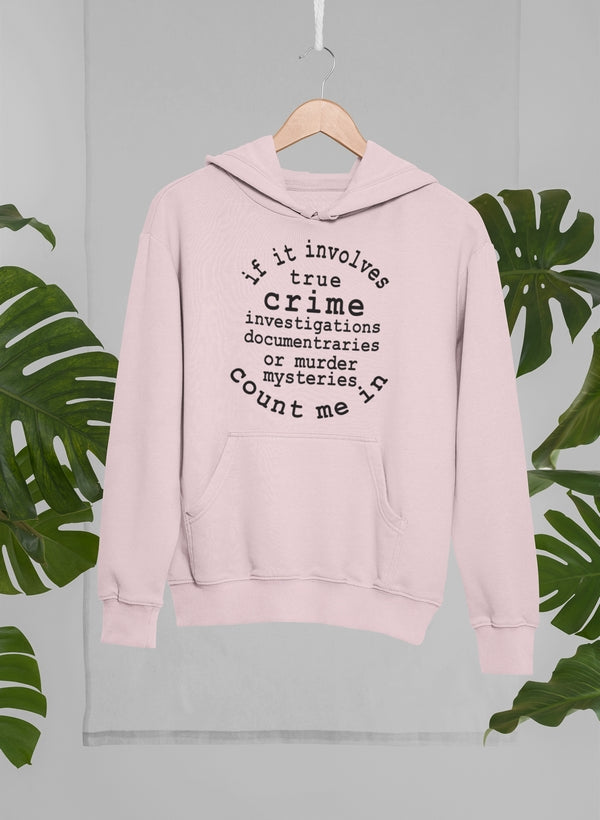 Cozy hoodie featuring a unique true crime design, made from soft cotton/poly fleece blend with an adjustable hood.