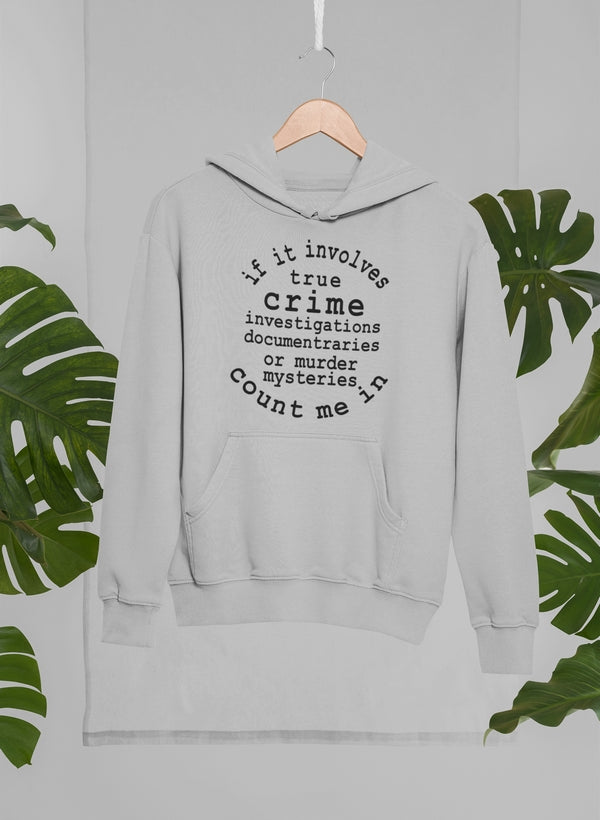 Cozy hoodie featuring a unique true crime design, made from soft cotton/poly fleece blend with an adjustable hood.