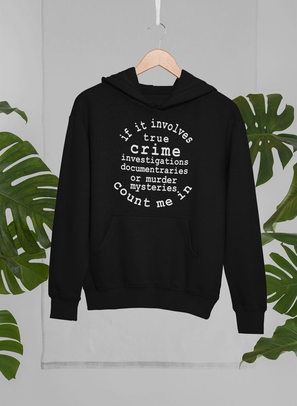 Cozy hoodie featuring a unique true crime design, made from soft cotton/poly fleece blend with an adjustable hood.