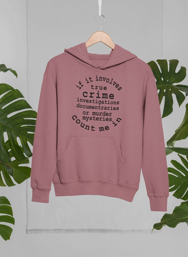 Cozy hoodie featuring a unique true crime design, made from soft cotton/poly fleece blend with an adjustable hood.