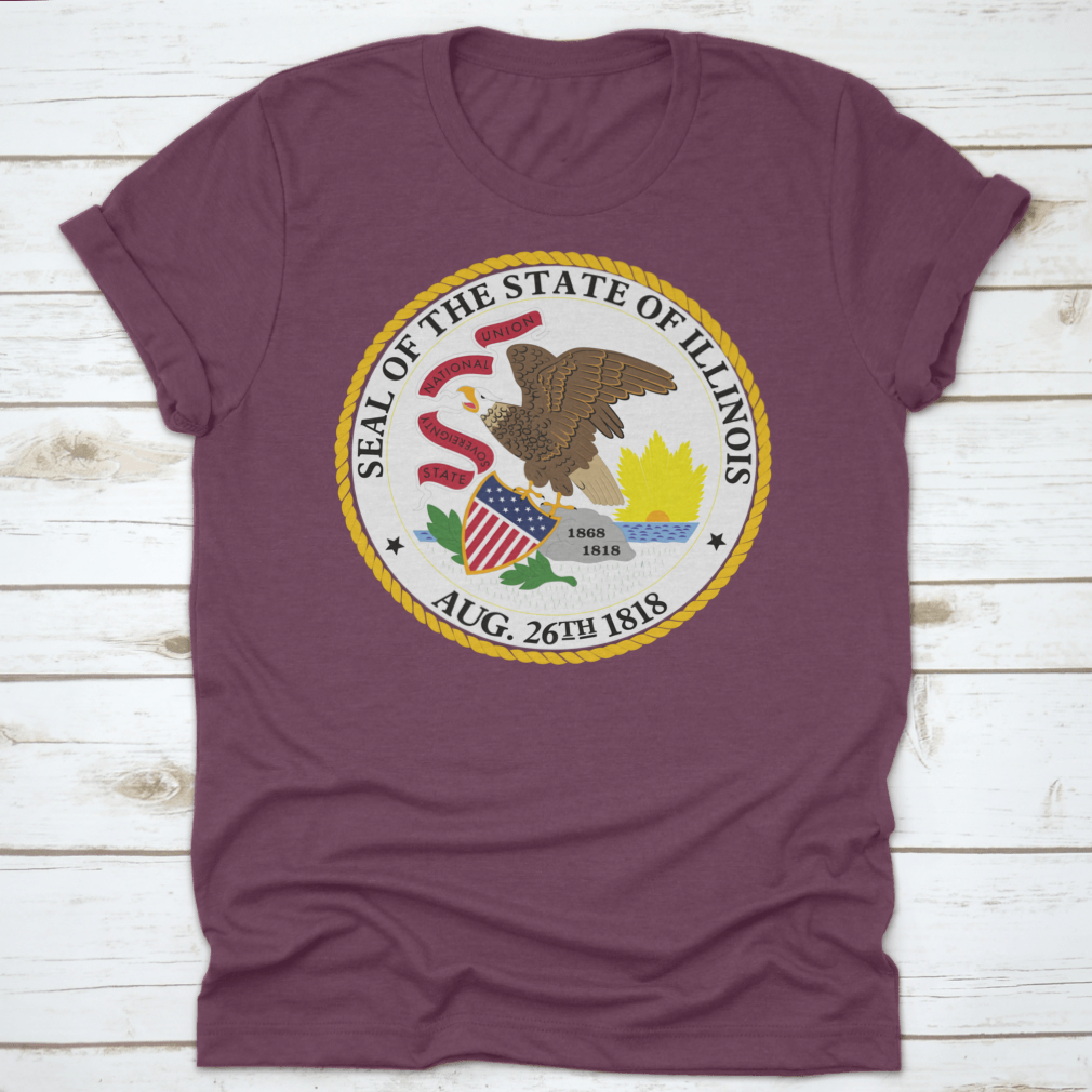 Illinois State Flag Seal Love Heart t-shirt displayed on a neutral background, showcasing its unique design and quality fabric.