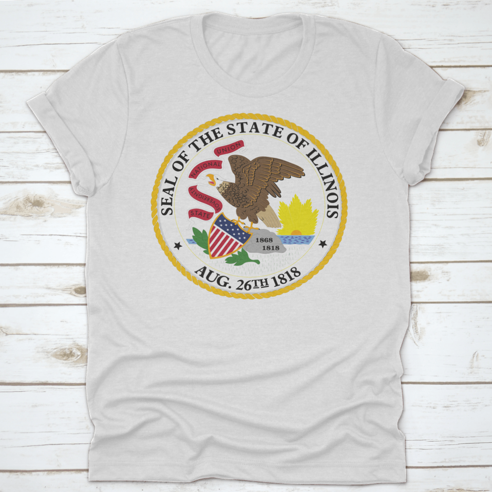 Illinois State Flag Seal Love Heart t-shirt displayed on a neutral background, showcasing its unique design and quality fabric.