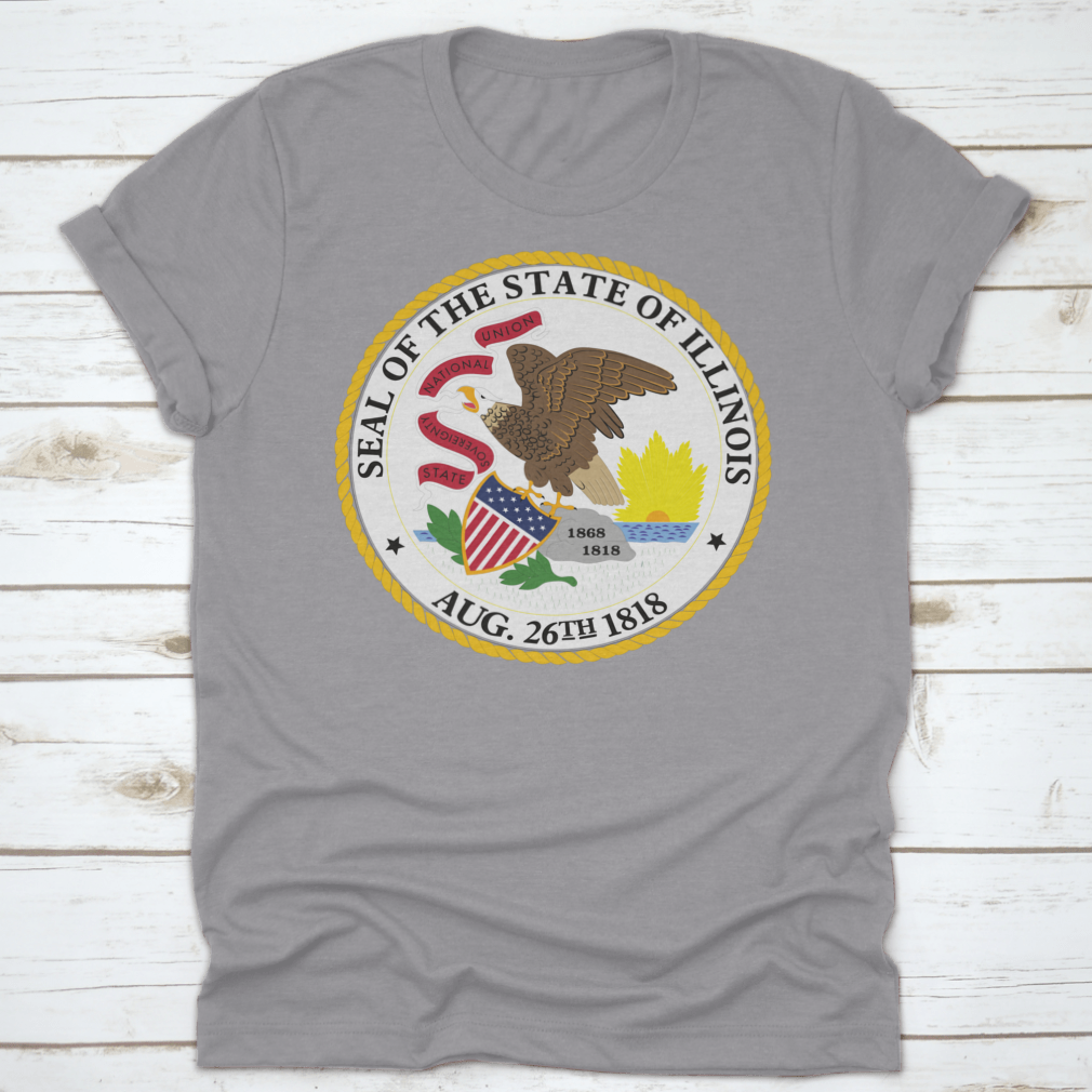 Illinois State Flag Seal Love Heart t-shirt displayed on a neutral background, showcasing its unique design and quality fabric.