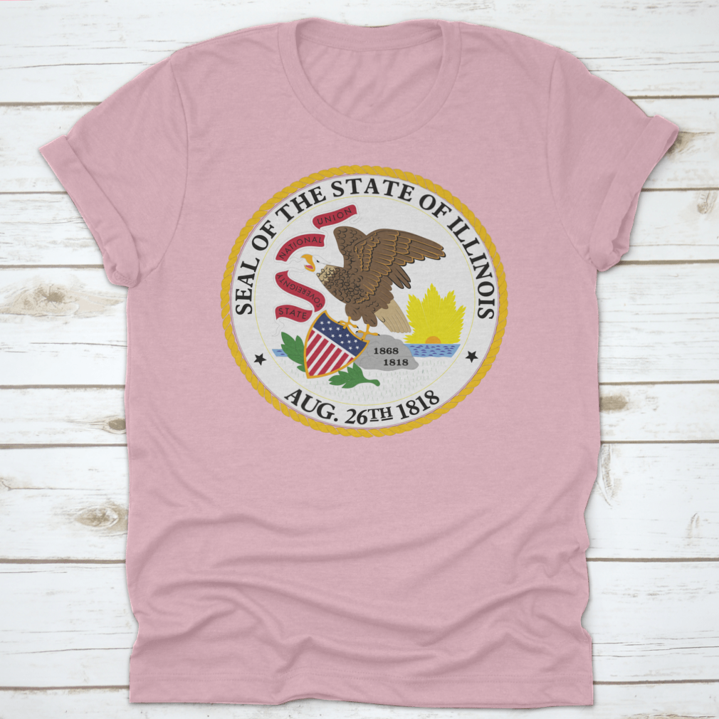 Illinois State Flag Seal Love Heart t-shirt displayed on a neutral background, showcasing its unique design and quality fabric.