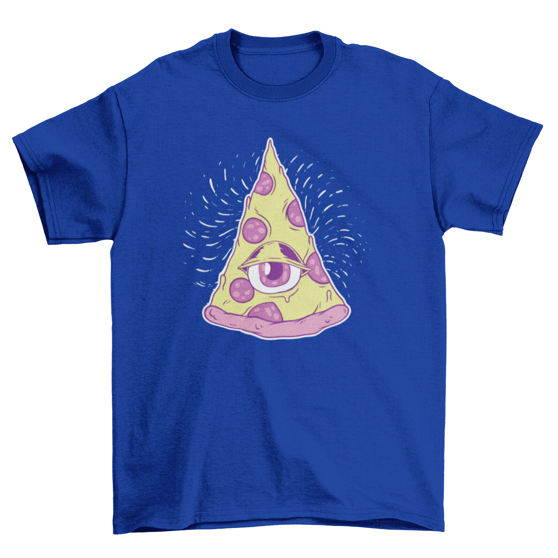 Illuminati pizza t-shirt featuring a slice of pizza with an eye design, showcasing a unique and quirky style.