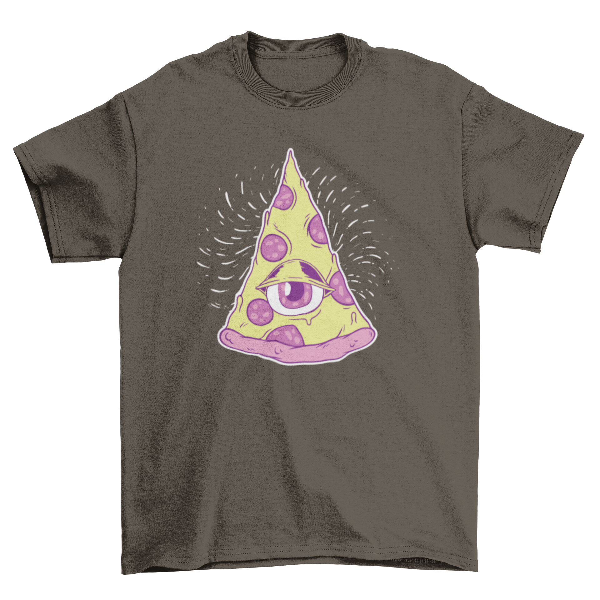 Illuminati pizza t-shirt featuring a slice of pizza with an eye design, showcasing a unique and quirky style.