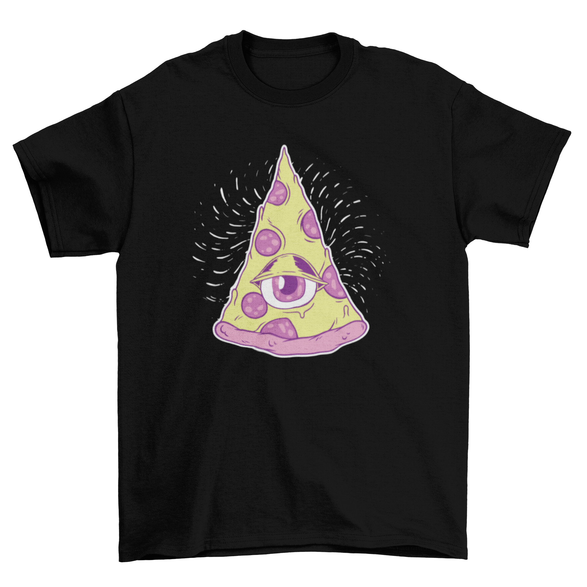 Illuminati pizza t-shirt featuring a slice of pizza with an eye design, showcasing a unique and quirky style.