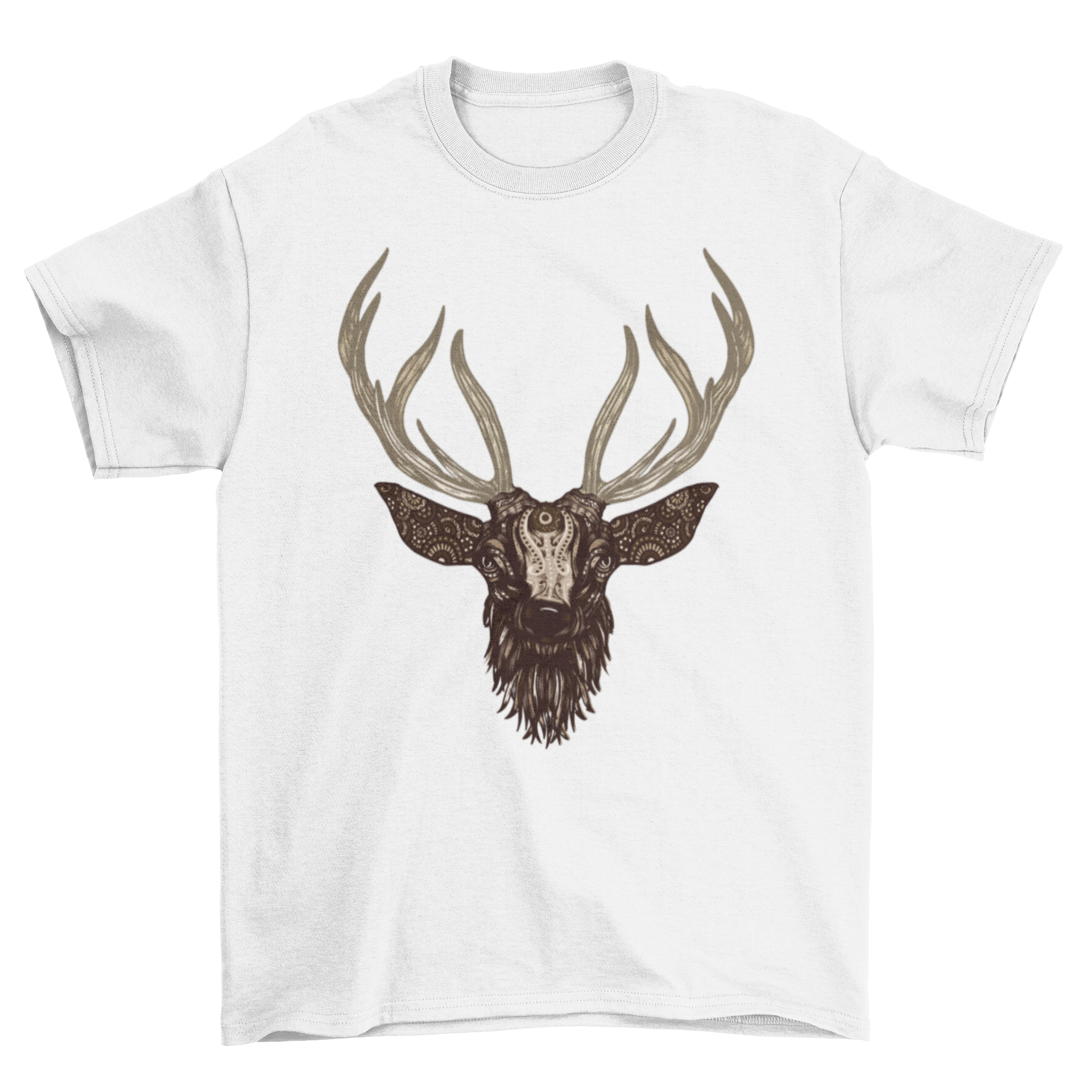 A stylish illustrated deer t-shirt featuring intricate mandala and tribal designs, perfect for casual wear.