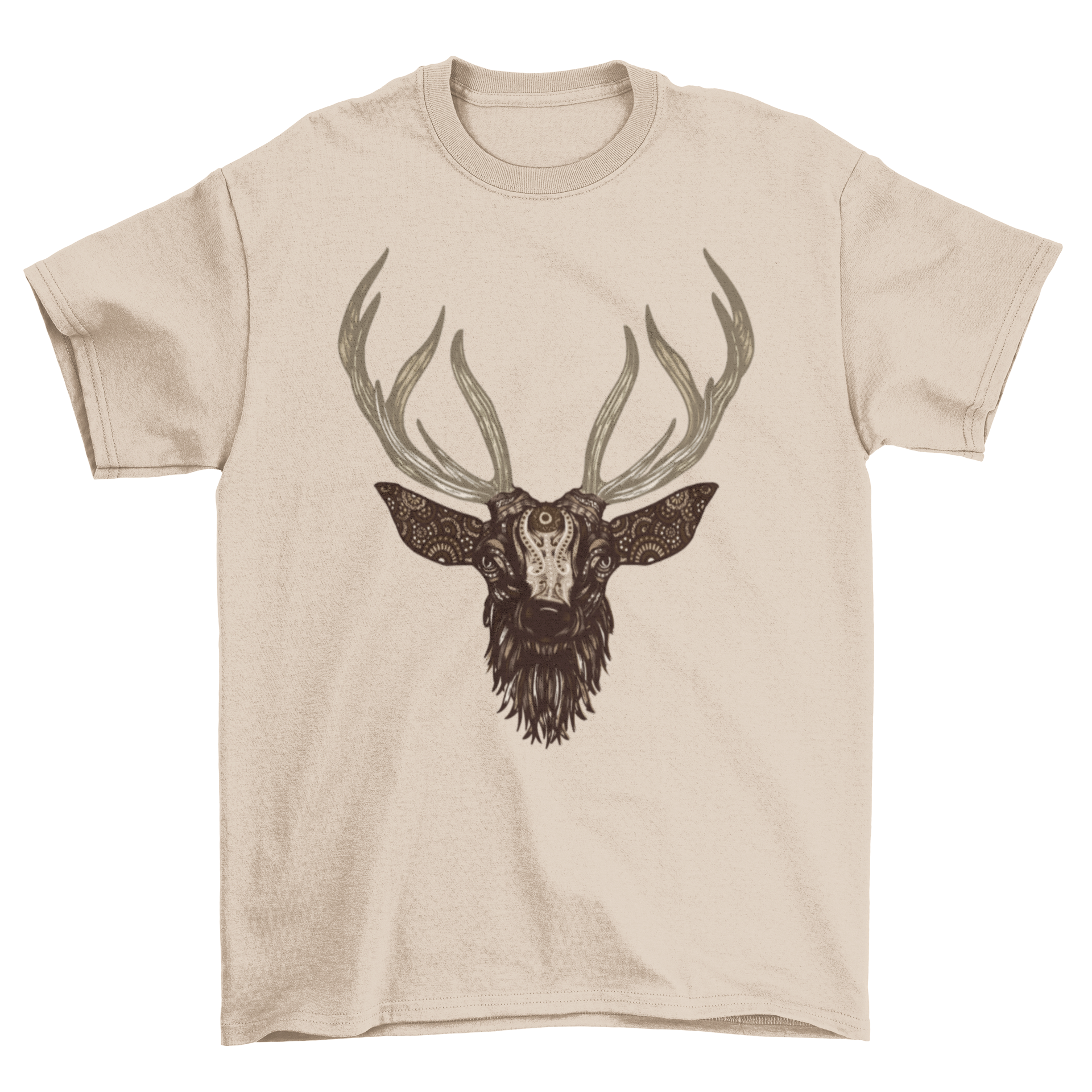 A stylish illustrated deer t-shirt featuring intricate mandala and tribal designs, perfect for casual wear.