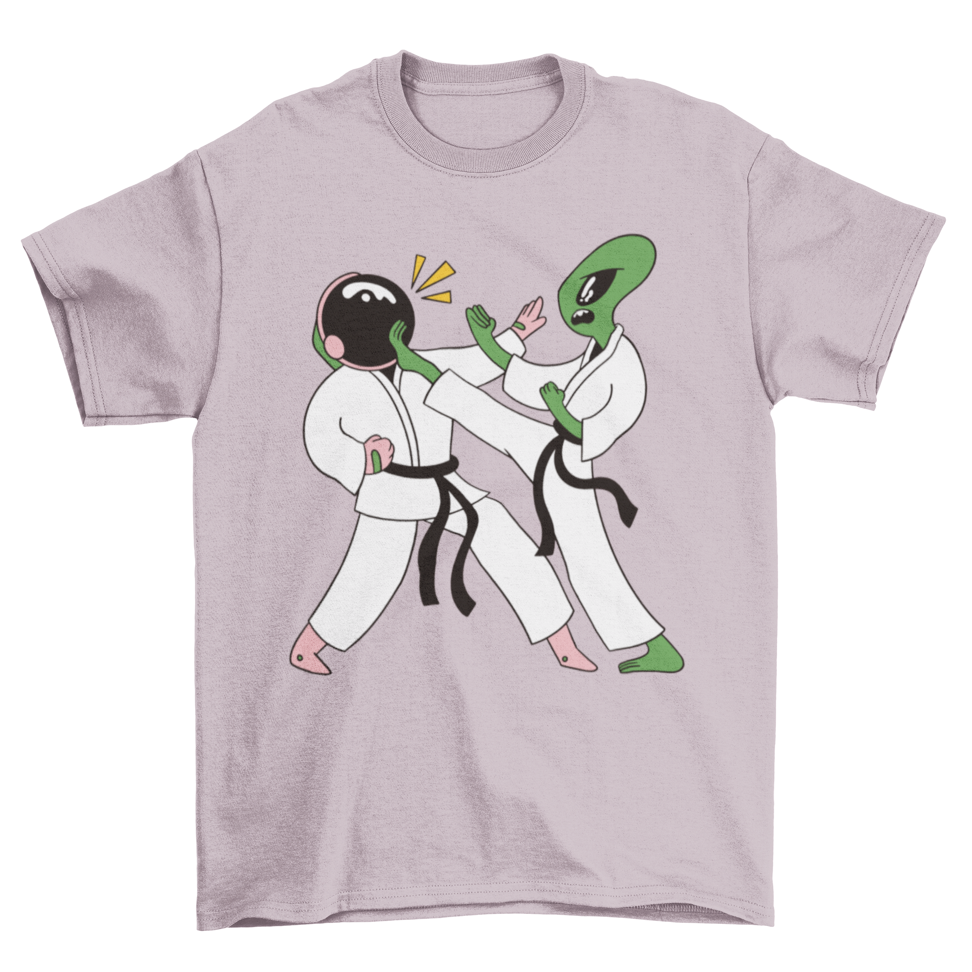 A humorous t-shirt featuring an astronaut and an alien performing a karate kick, showcasing a vibrant and playful design.