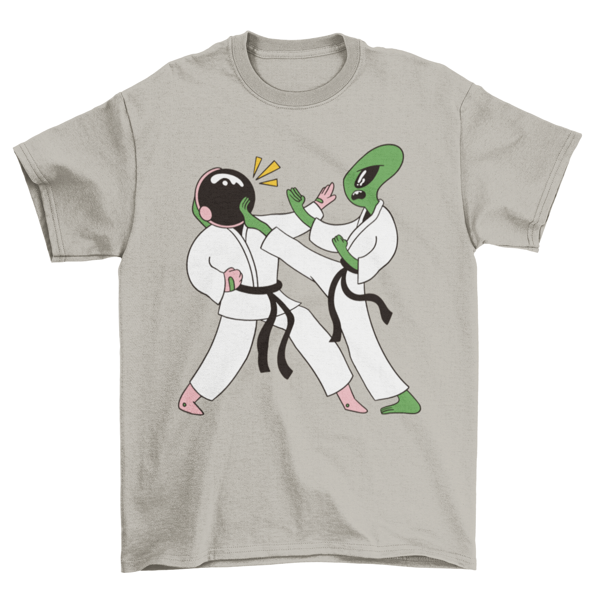 A humorous t-shirt featuring an astronaut and an alien performing a karate kick, showcasing a vibrant and playful design.