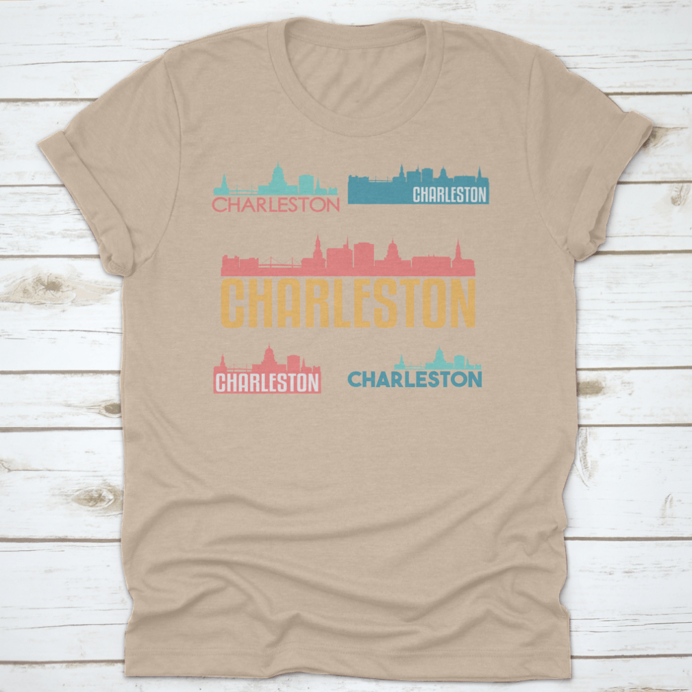 Flat icon skyline illustration of Charleston, South Carolina, showcasing iconic buildings and vibrant colors.