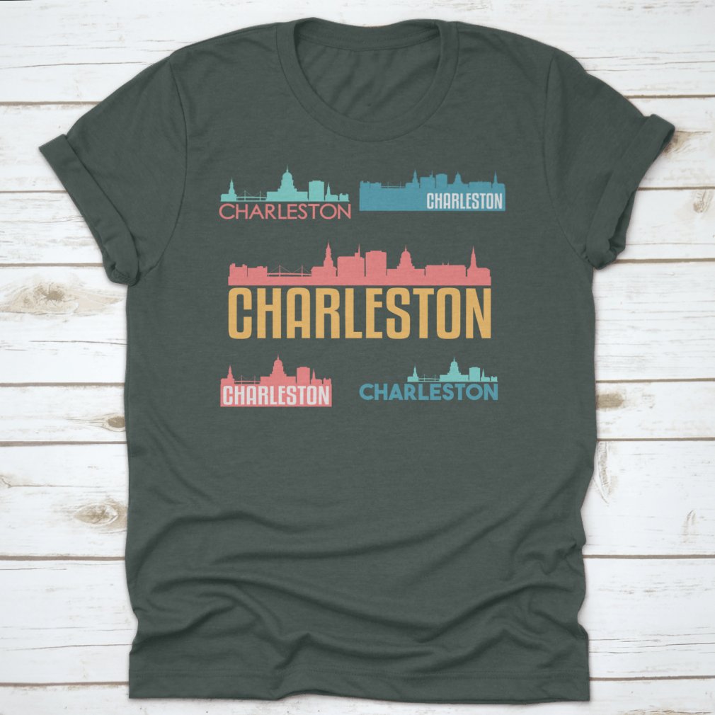 Flat icon skyline illustration of Charleston, South Carolina, showcasing iconic buildings and vibrant colors.