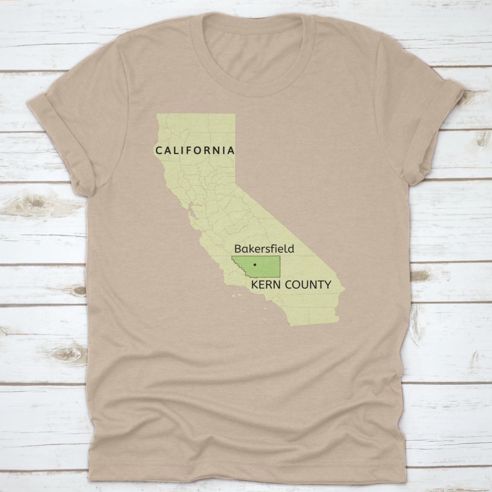 Illustration of Kern County and Bakersfield pin location on a comfortable cotton T-shirt, showcasing local pride.