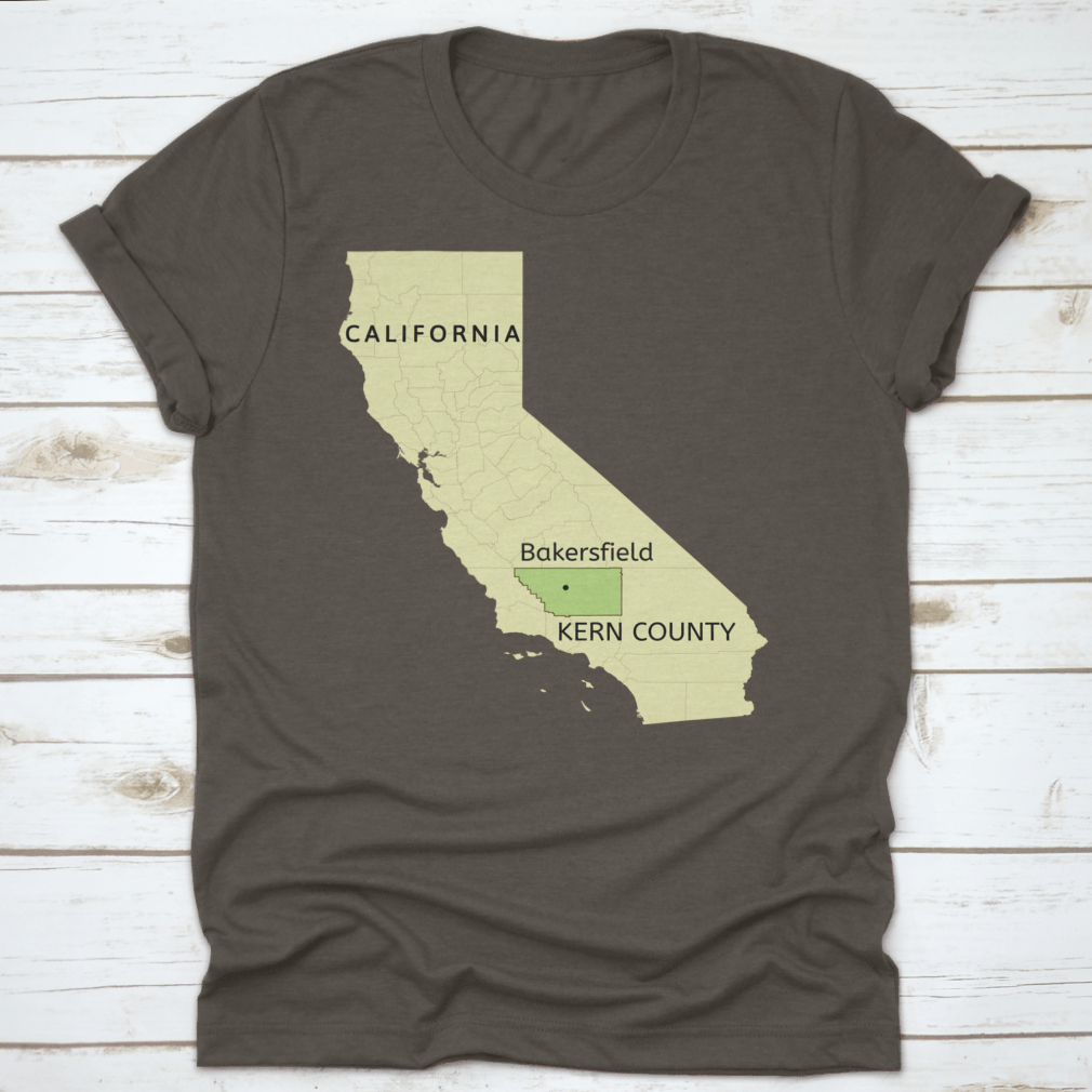 Illustration of Kern County and Bakersfield pin location on a comfortable cotton T-shirt, showcasing local pride.