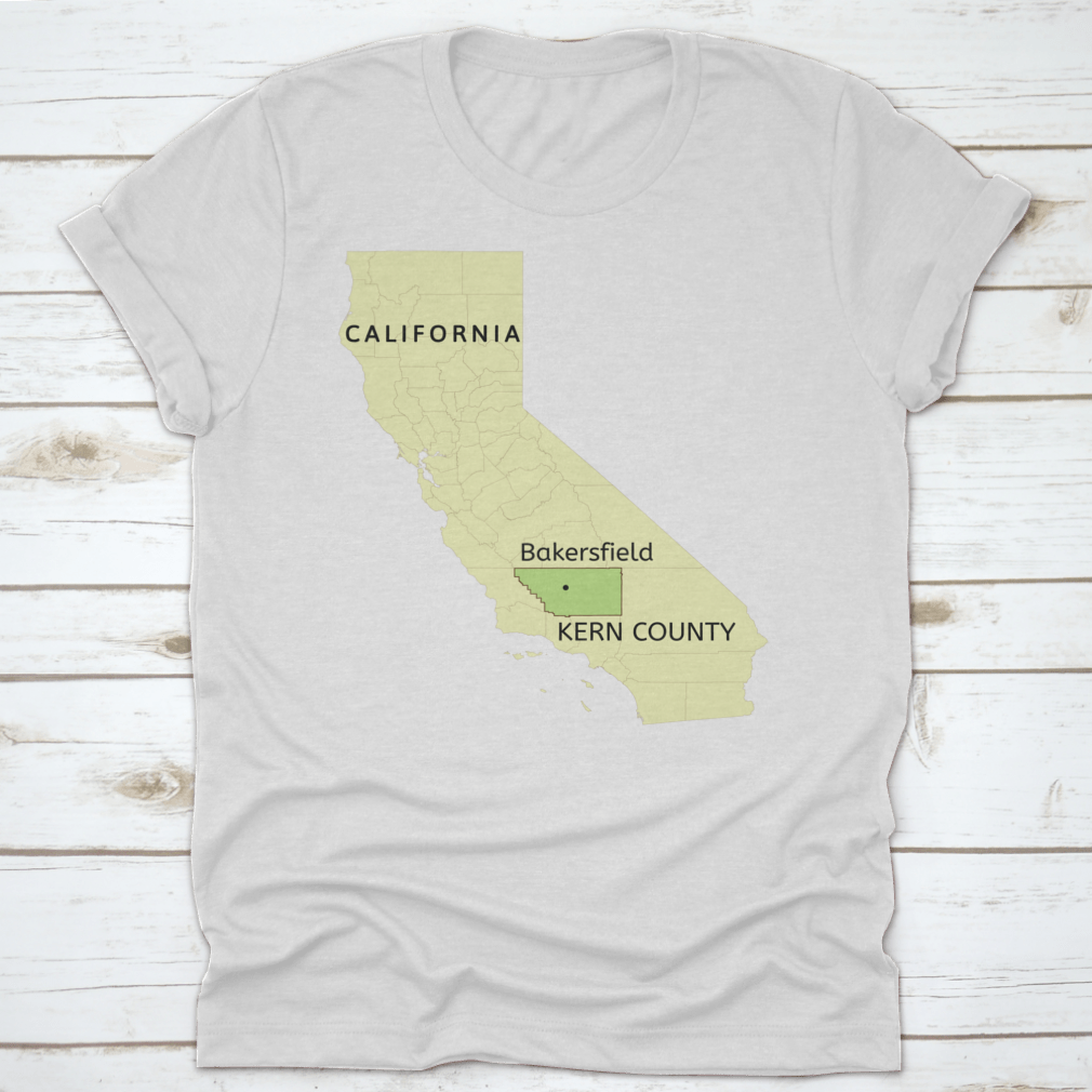 Illustration of Kern County and Bakersfield pin location on a comfortable cotton T-shirt, showcasing local pride.