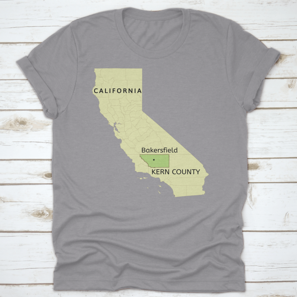 Illustration of Kern County and Bakersfield pin location on a comfortable cotton T-shirt, showcasing local pride.