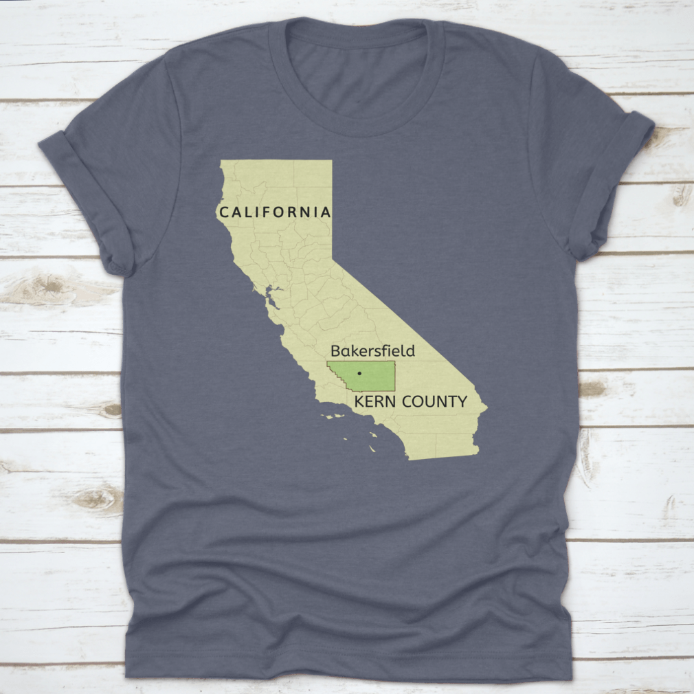 Illustration of Kern County and Bakersfield pin location on a comfortable cotton T-shirt, showcasing local pride.