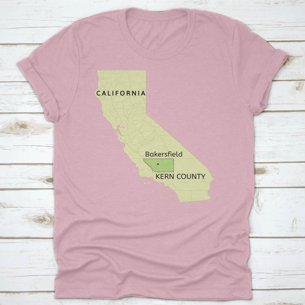 Illustration of Kern County and Bakersfield pin location on a comfortable cotton T-shirt, showcasing local pride.