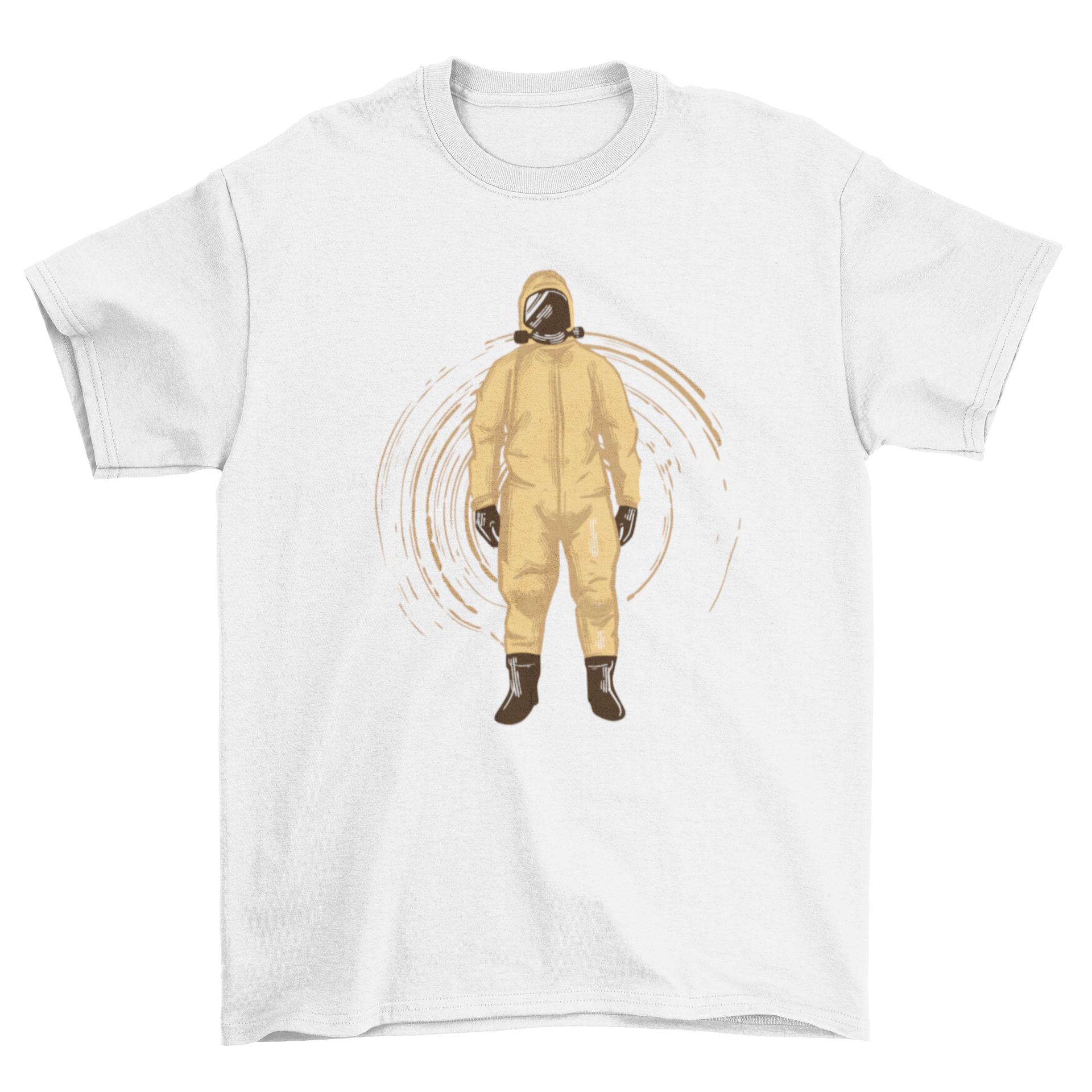 A stylish t-shirt featuring a detailed illustration of a man in a hazmat suit, showcasing vibrant colors and unique design.