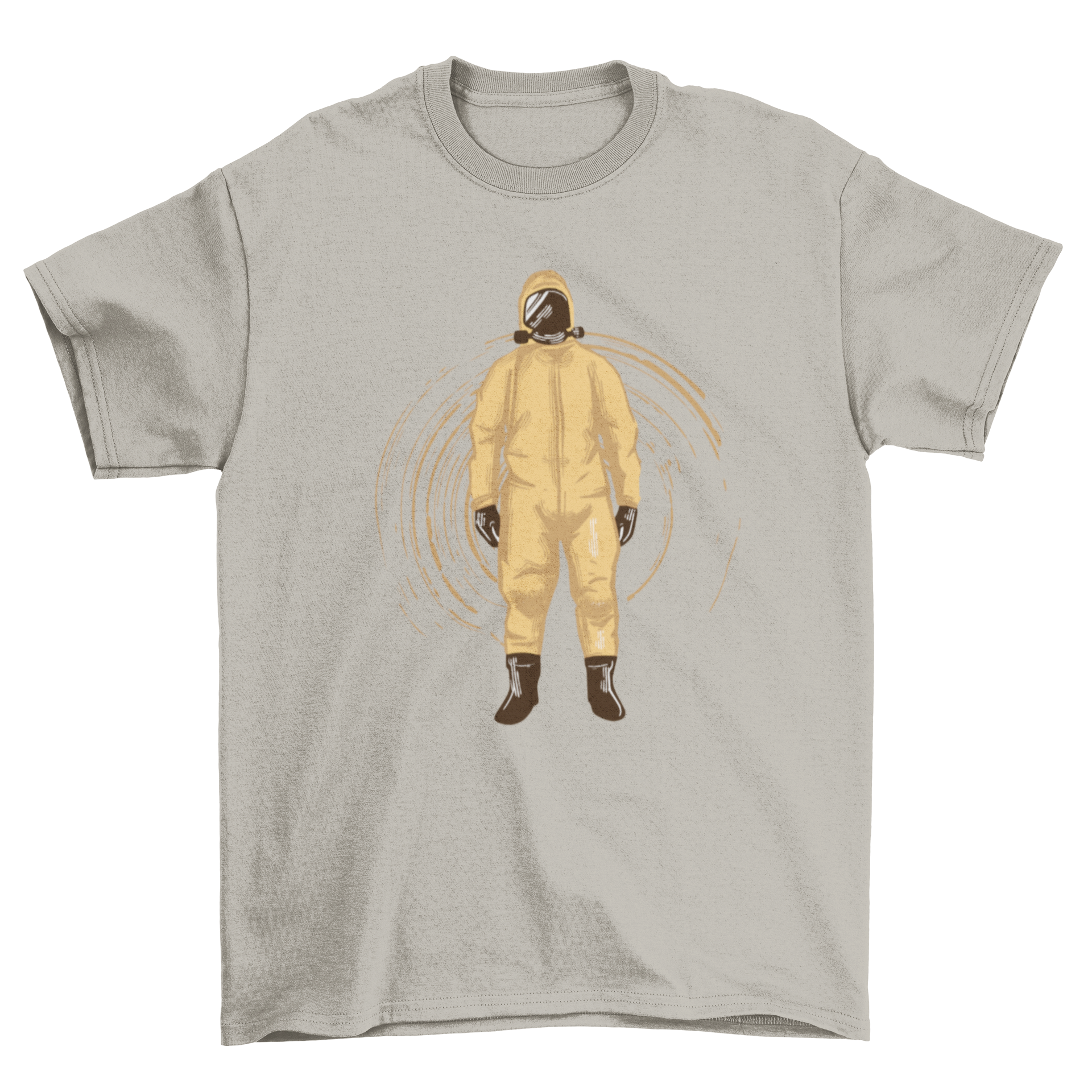 A stylish t-shirt featuring a detailed illustration of a man in a hazmat suit, showcasing vibrant colors and unique design.