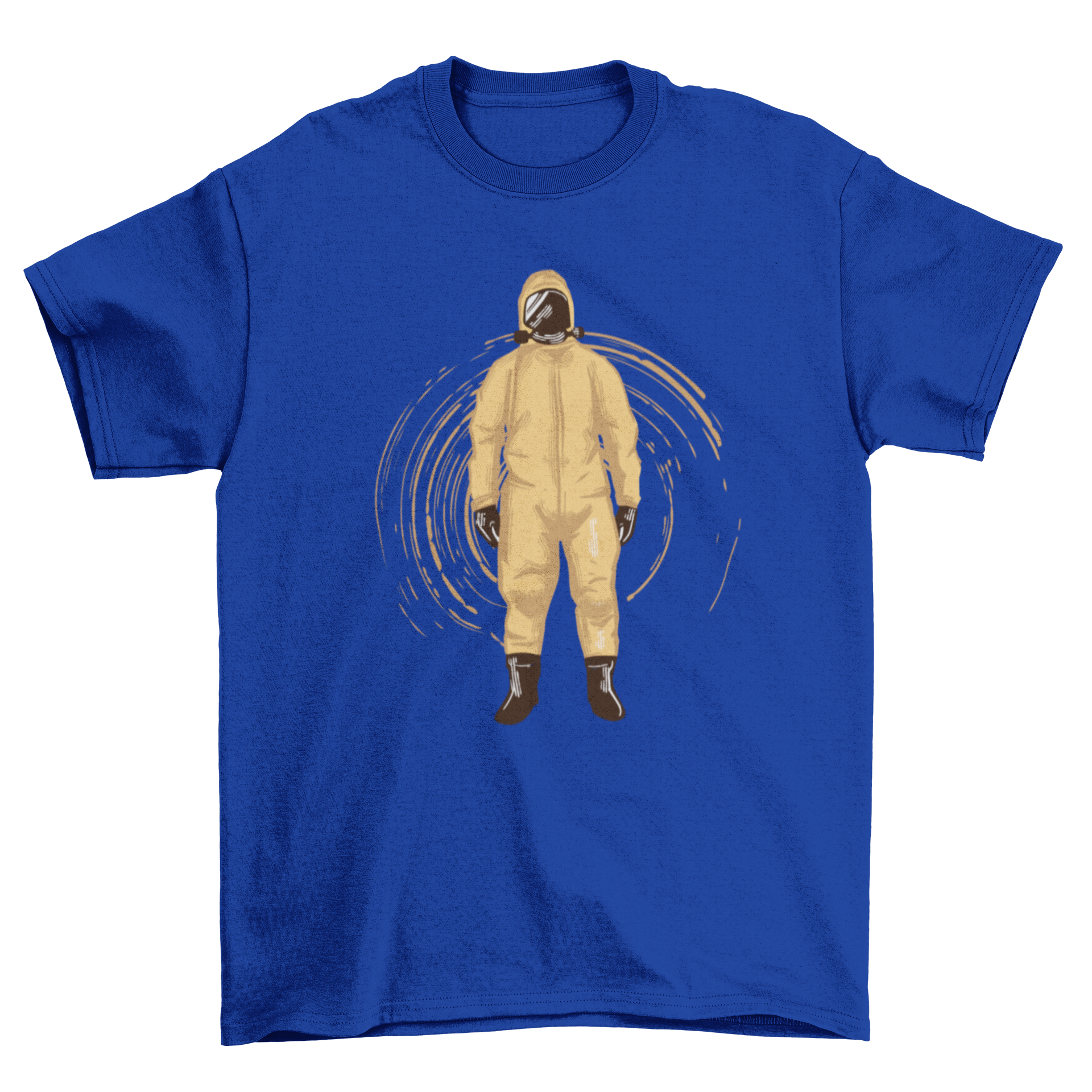 A stylish t-shirt featuring a detailed illustration of a man in a hazmat suit, showcasing vibrant colors and unique design.