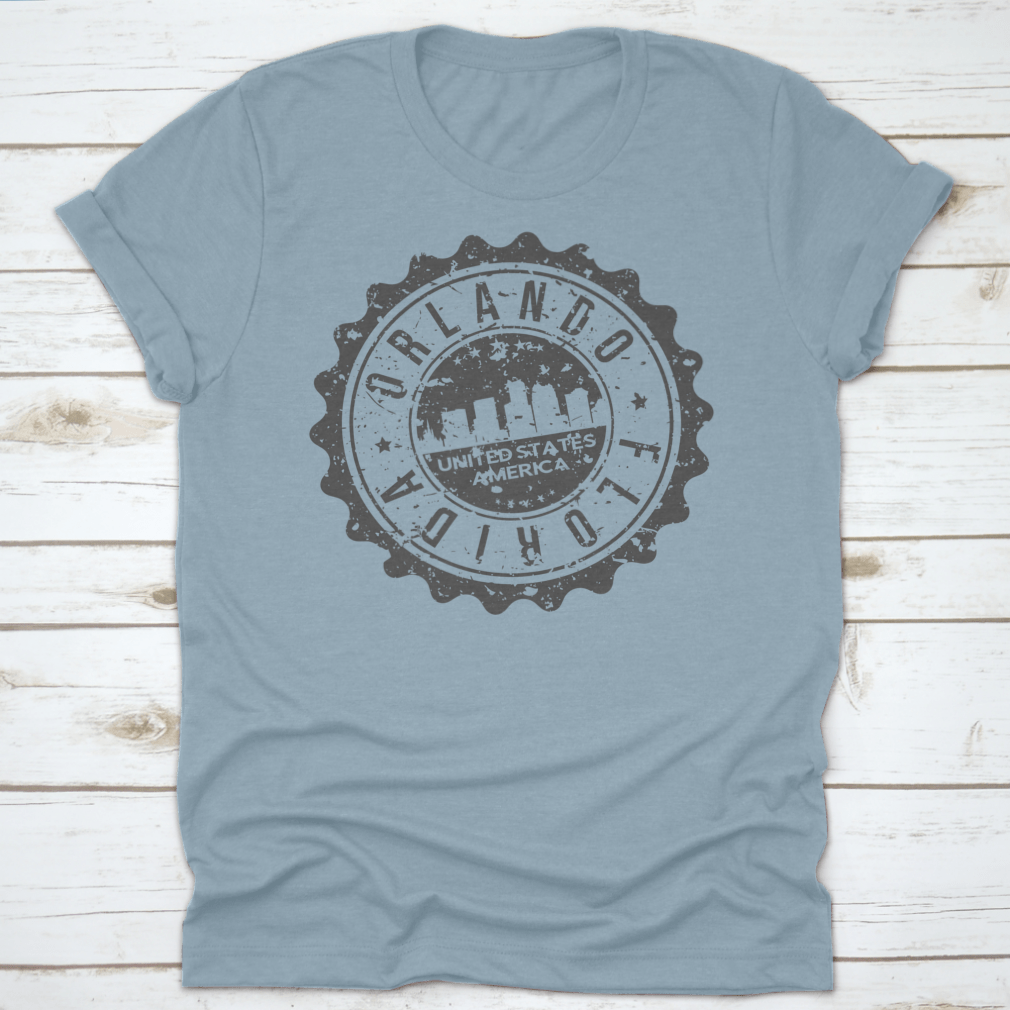 A stylish t-shirt featuring an illustration of Orlando, Florida's travel stamp icon, perfect for city tourism enthusiasts.