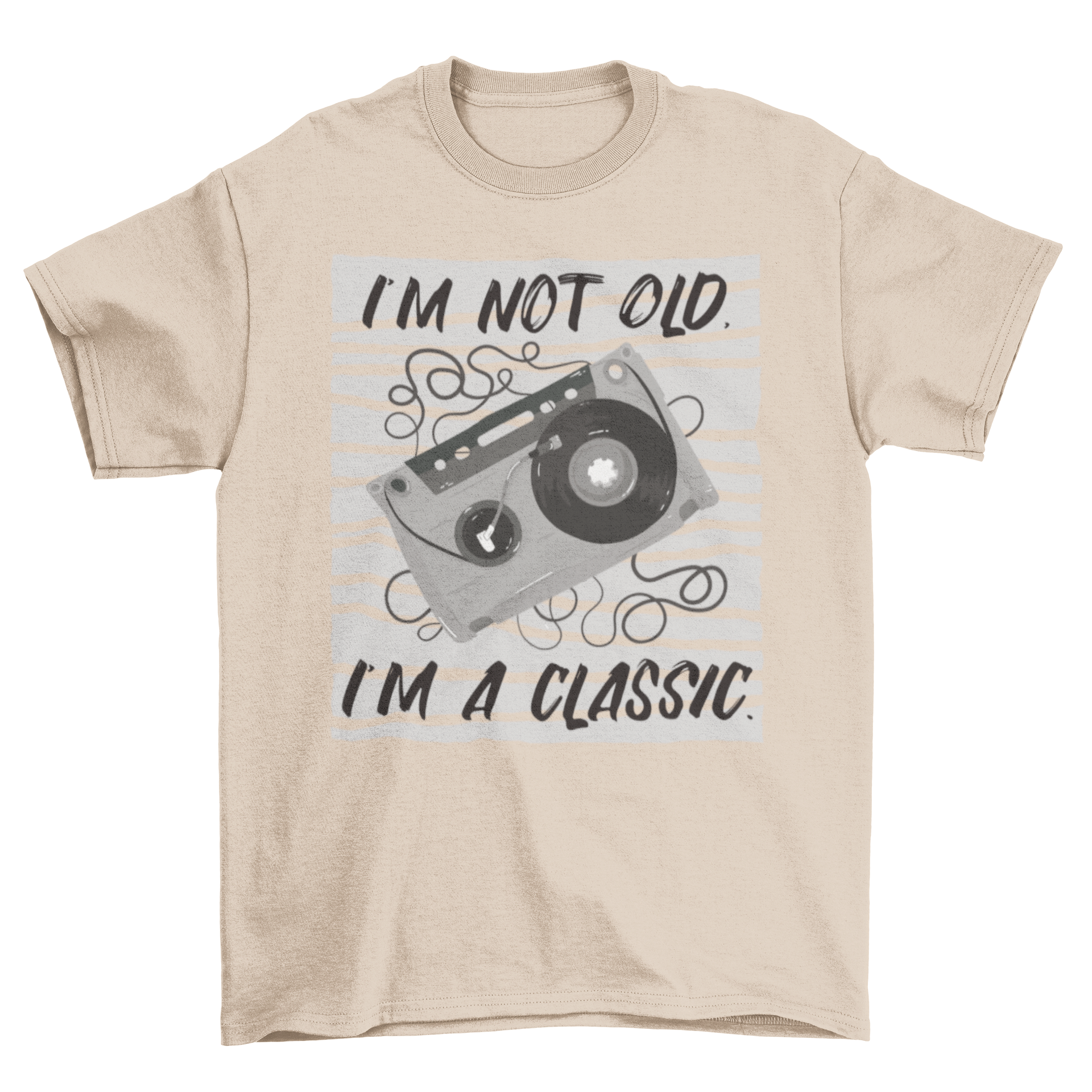 I'm a Classic Cassette T-Shirt featuring a colorful cassette illustration and humorous quote.