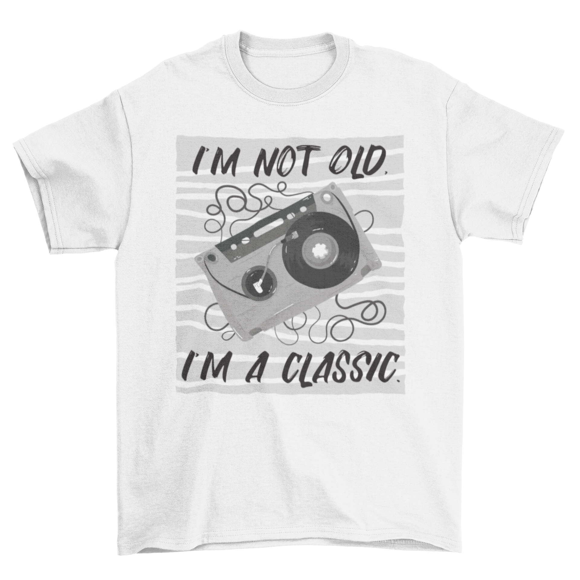 I'm a Classic Cassette T-Shirt featuring a colorful cassette illustration and humorous quote.