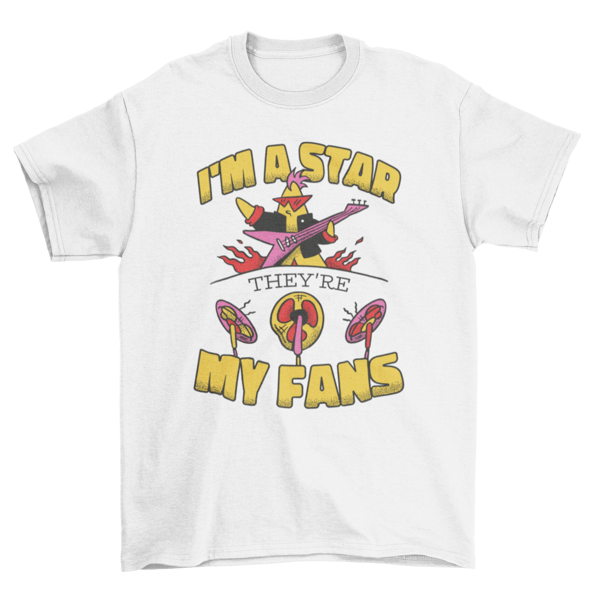 Funny t-shirt design featuring a guitarist performing with fans and the caption 'I'm a star, they're my fans'.