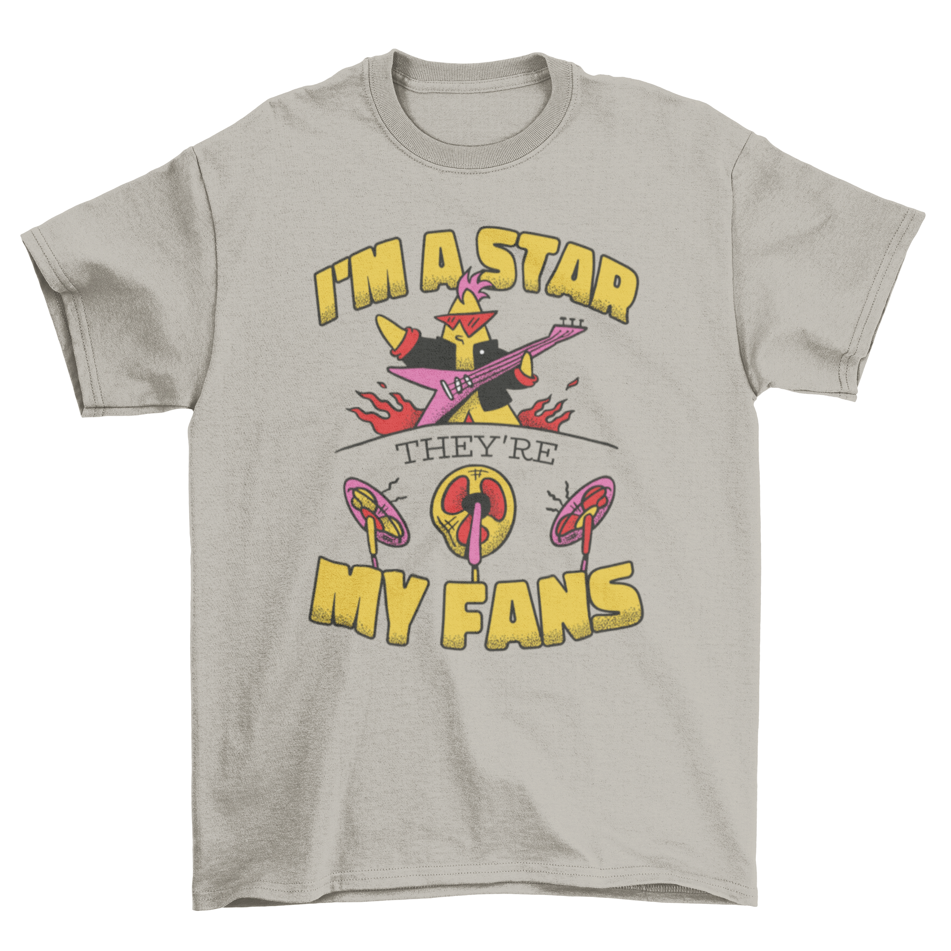 Funny t-shirt design featuring a guitarist performing with fans and the caption 'I'm a star, they're my fans'.