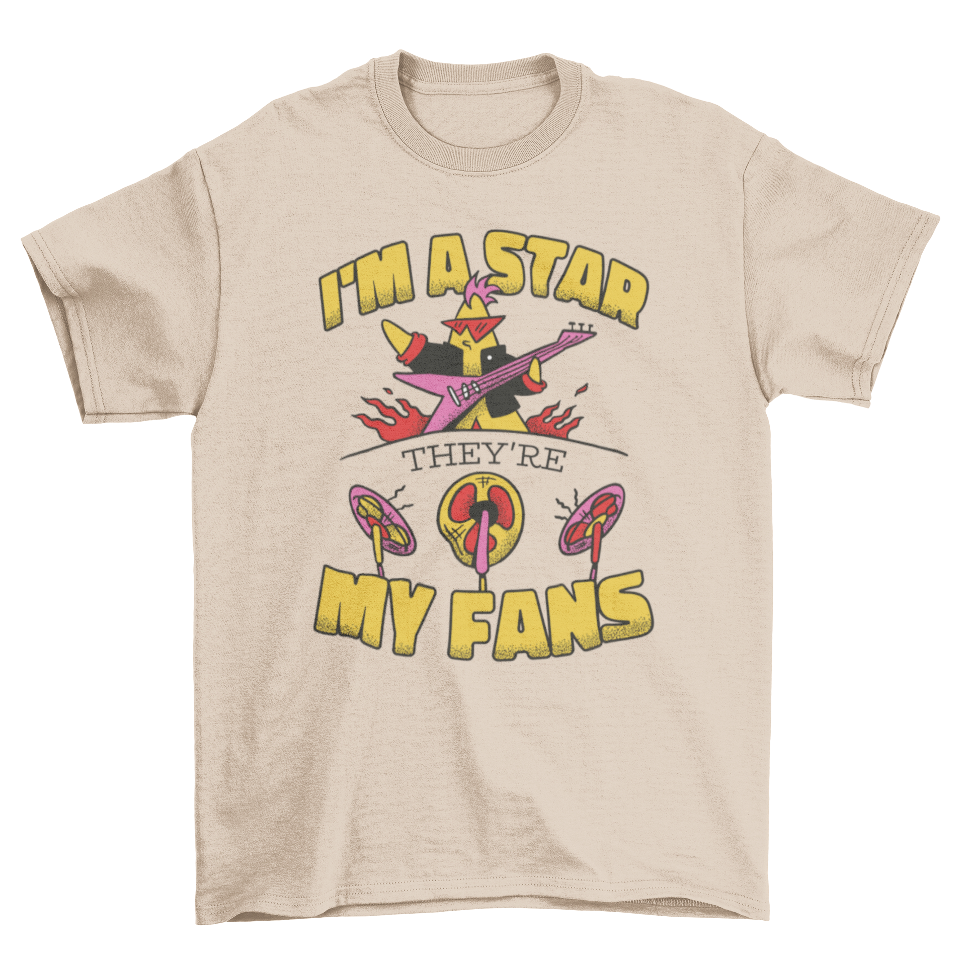 Funny t-shirt design featuring a guitarist performing with fans and the caption 'I'm a star, they're my fans'.