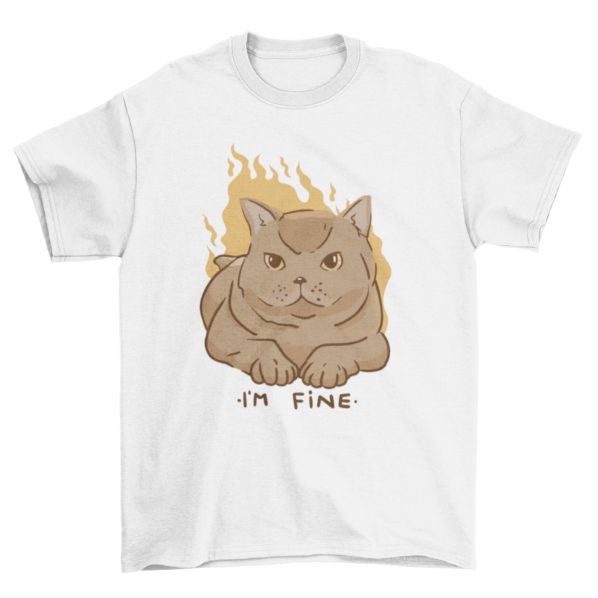 A humorous t-shirt featuring a cat on fire with the quote 'I'm fine', showcasing a unique meme design.